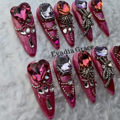 Fuchsia Heart Crystal Press-On Nails by Evadia Grace – Pink Purple Rhinestone Handmade Reusable Nails