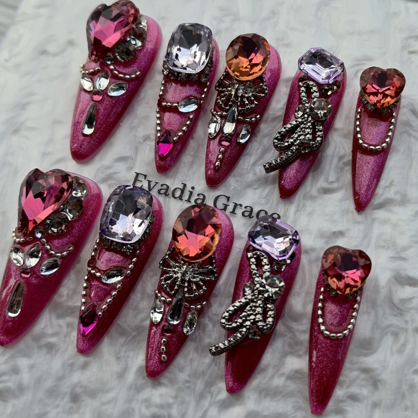 Fuchsia Heart Crystal Press-On Nails by Evadia Grace – Pink Purple Rhinestone Handmade Reusable Nails