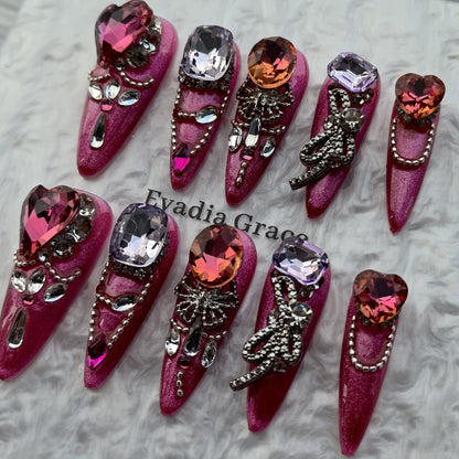 Fuchsia Heart Crystal Press-On Nails by Evadia Grace – Pink Purple Rhinestone Handmade Reusable Nails