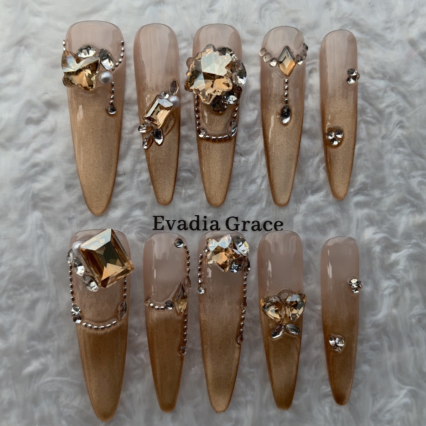 Champagne Luxe Crystal Press-On Nails by Evadia Grace – Nude Gold Rhinestone Handmade Reusable Nails