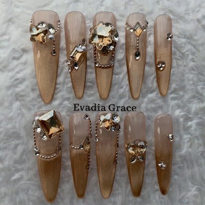Champagne Luxe Crystal Press-On Nails by Evadia Grace – Nude Gold Rhinestone Handmade Reusable Nails