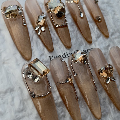 Champagne Luxe Crystal Press-On Nails by Evadia Grace – Nude Gold Rhinestone Handmade Reusable Nails