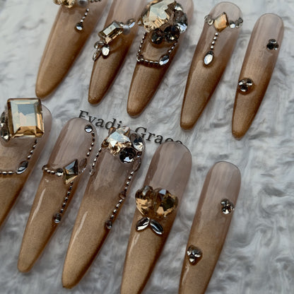 Champagne Luxe Crystal Press-On Nails by Evadia Grace – Nude Gold Rhinestone Handmade Reusable Nails