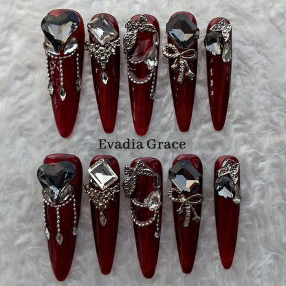 Burgundy Black Diamond Press-On Nails by Evadia Grace – Gothic Rhinestone Handmade Reusable Nails