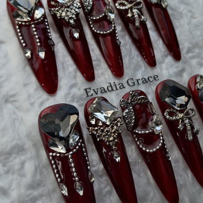 Burgundy Black Diamond Press-On Nails by Evadia Grace – Gothic Rhinestone Handmade Reusable Nails