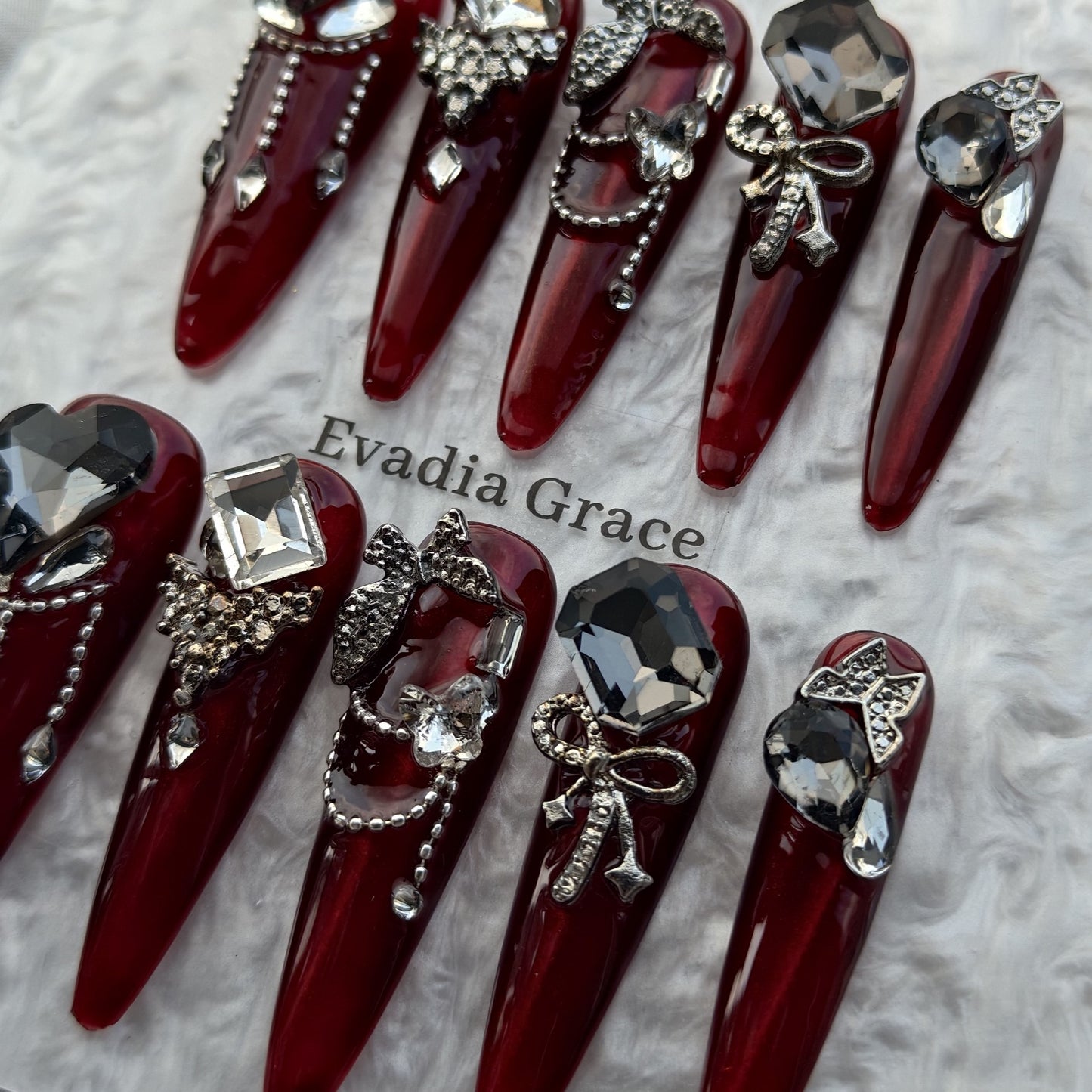 Burgundy Black Diamond Press-On Nails by Evadia Grace – Gothic Rhinestone Handmade Reusable Nails