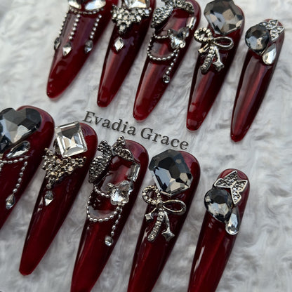 Burgundy Black Diamond Press-On Nails by Evadia Grace – Gothic Rhinestone Handmade Reusable Nails