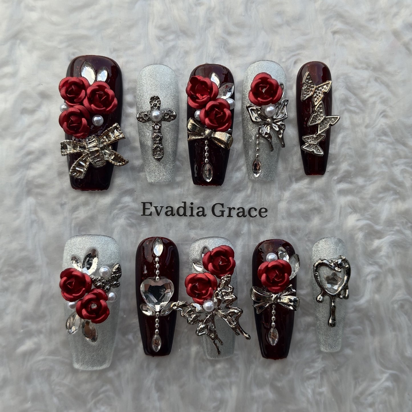 Burgundy Rose Gothic Press-On Nails by Evadia Grace – Red 3D Flower Handmade Reusable Nails