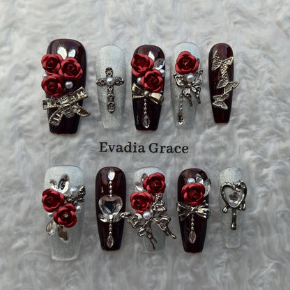 Burgundy Rose Gothic Press-On Nails by Evadia Grace – Red 3D Flower Handmade Reusable Nails