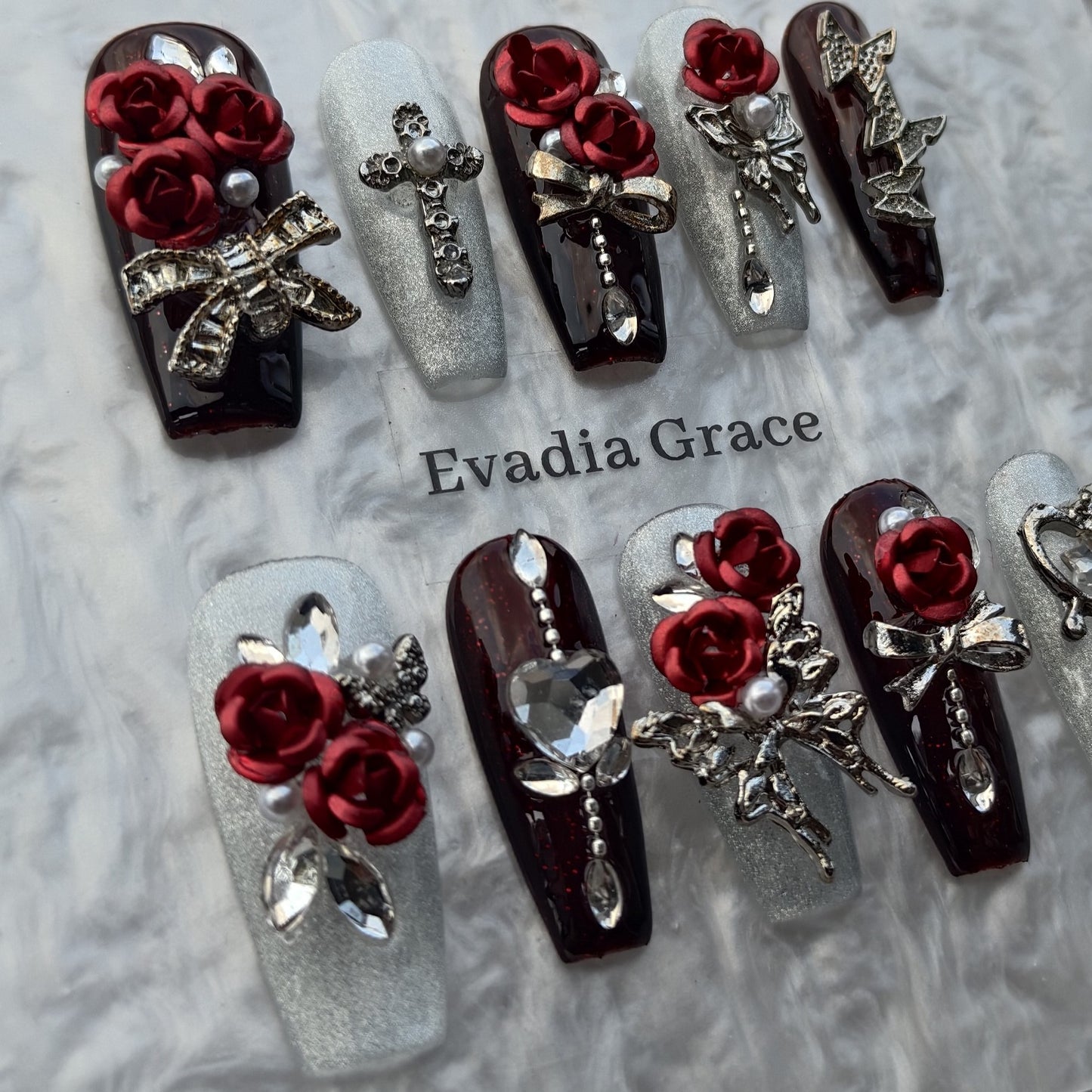 Burgundy Rose Gothic Press-On Nails by Evadia Grace – Red 3D Flower Handmade Reusable Nails