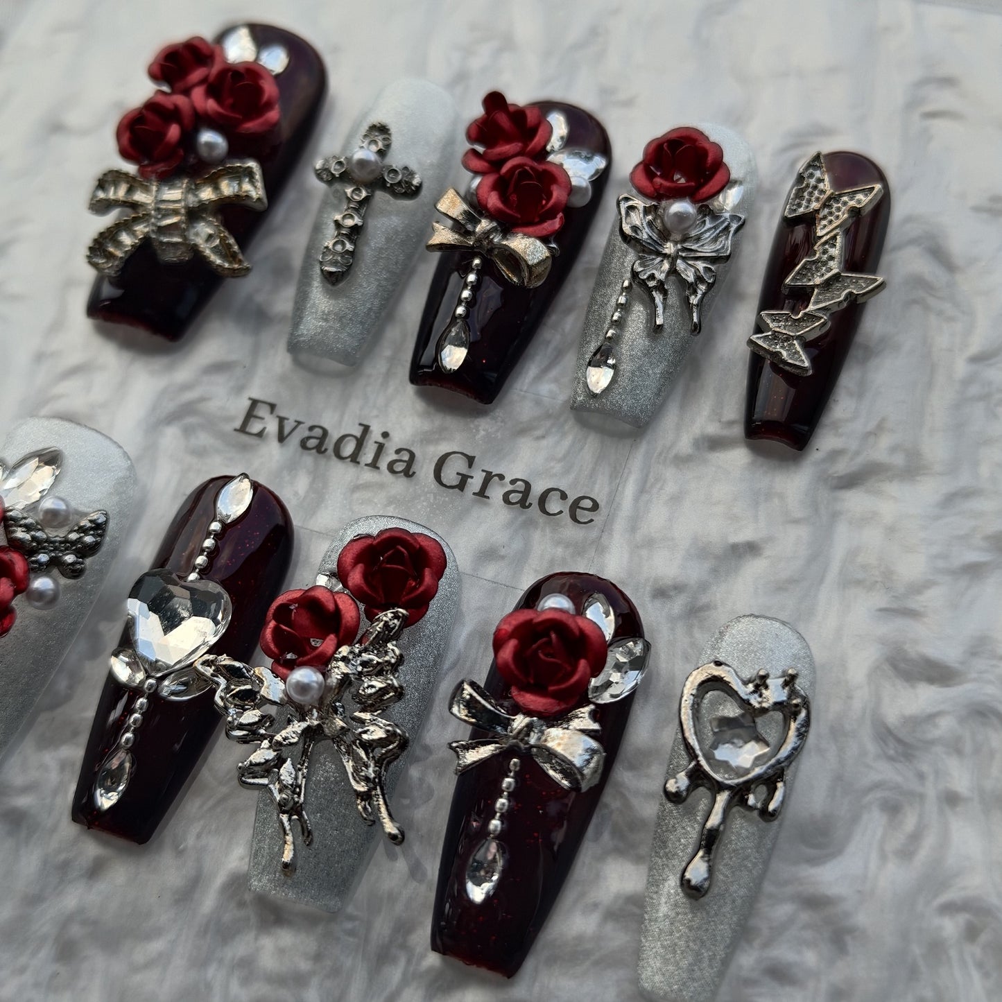 Burgundy Rose Gothic Press-On Nails by Evadia Grace – Red 3D Flower Handmade Reusable Nails