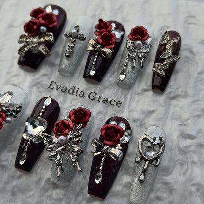 Burgundy Rose Gothic Press-On Nails by Evadia Grace – Red 3D Flower Handmade Reusable Nails