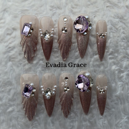 Amethyst Mermaid Gradient Press-On Nails by Evadia Grace – Purple Rhinestone Handmade Reusable Nails