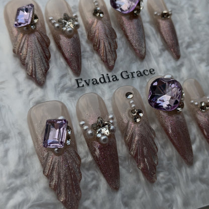 Amethyst Mermaid Gradient Press-On Nails by Evadia Grace – Purple Rhinestone Handmade Reusable Nails
