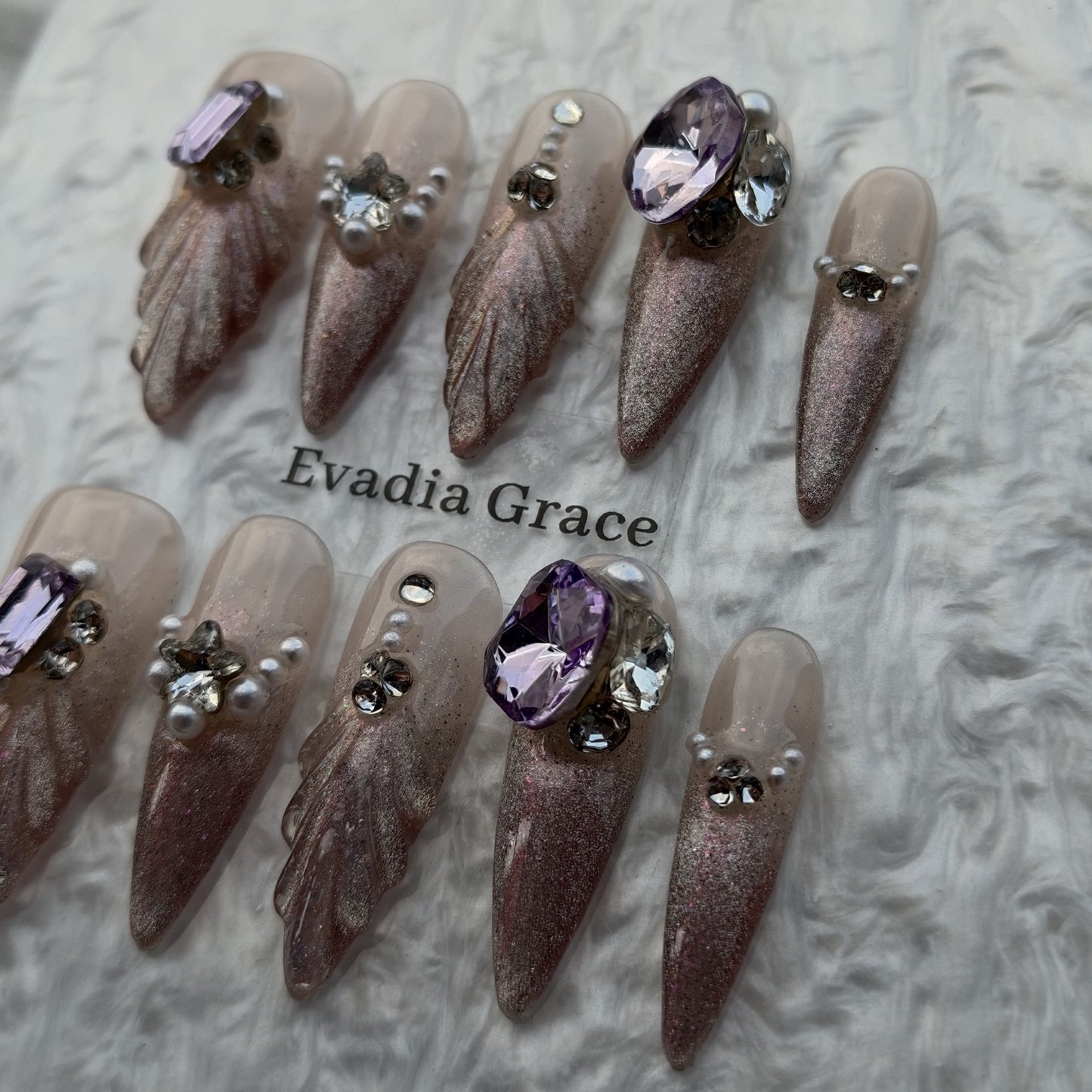 Amethyst Mermaid Gradient Press-On Nails by Evadia Grace – Purple Rhinestone Handmade Reusable Nails