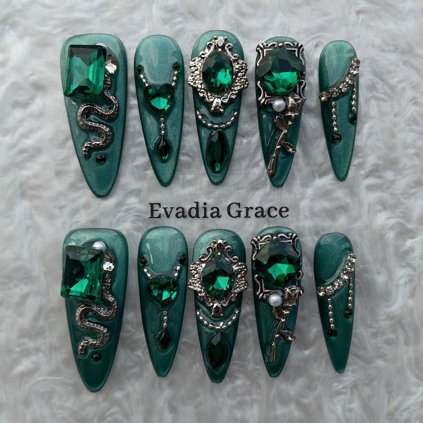 Emerald Gothic Snake Press-On Nails by Evadia Grace – Green Rhinestone Handmade Reusable Nails