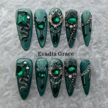 Emerald Gothic Snake Press-On Nails by Evadia Grace – Green Rhinestone Handmade Reusable Nails