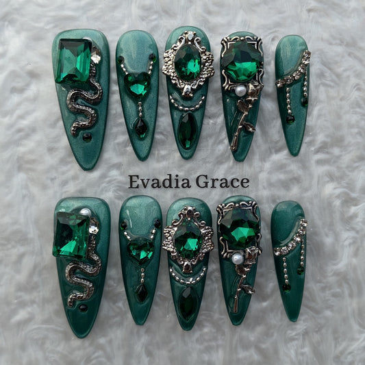 Emerald Gothic Snake Press-On Nails by Evadia Grace – Green Rhinestone Handmade Reusable Nails
