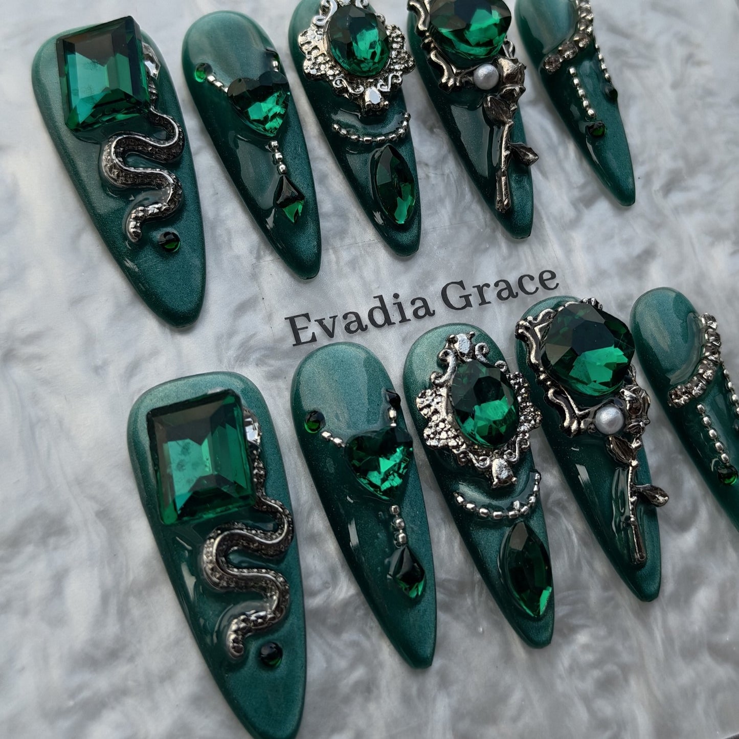 Emerald Gothic Snake Press-On Nails by Evadia Grace – Green Rhinestone Handmade Reusable Nails