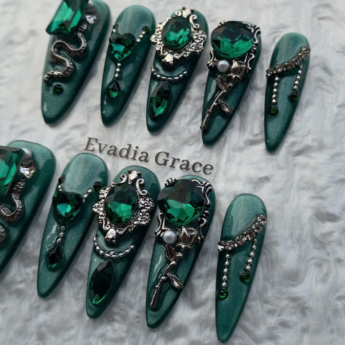 Emerald Gothic Snake Press-On Nails by Evadia Grace – Green Rhinestone Handmade Reusable Nails