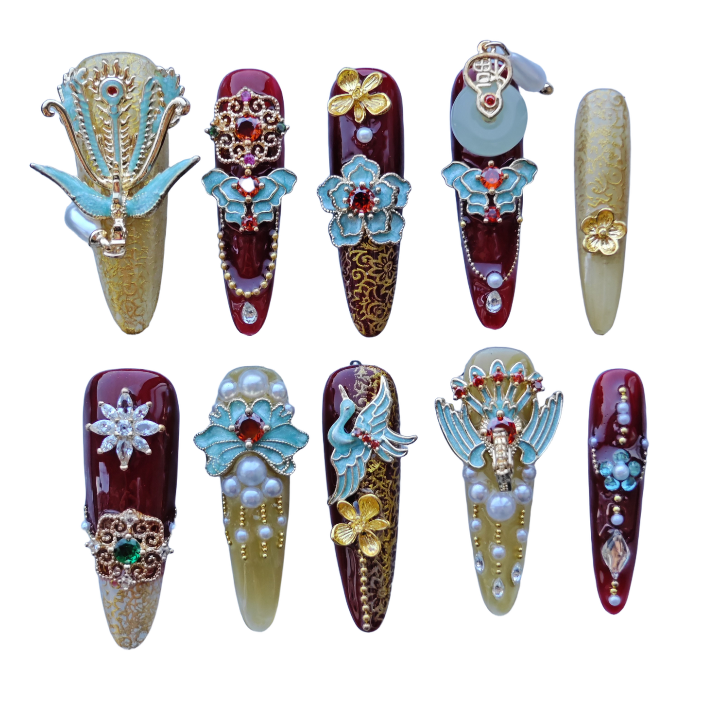 Imperial Phoenix Nails – Red & Gold Palace Press-On Nails with Enamel Blossoms and Pearl Charms | Luxury Chinese Royal Court Nails by Evadia Grace