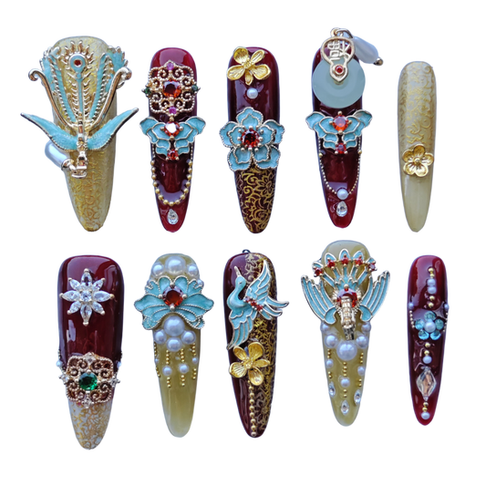 Imperial Phoenix Nails – Red & Gold Palace Press-On Nails with Enamel Blossoms and Pearl Charms | Luxury Chinese Royal Court Nails by Evadia Grace