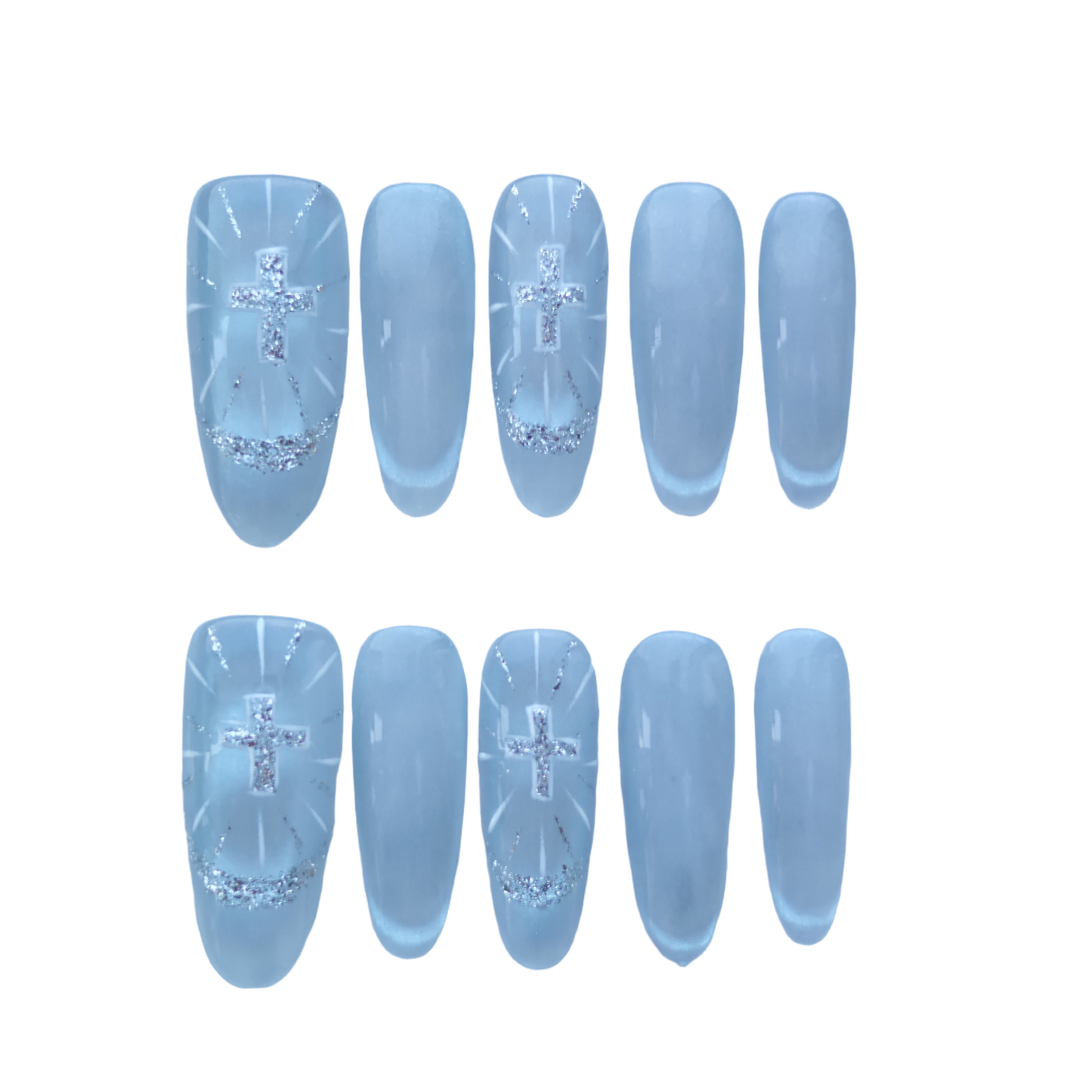 Ice Silver Cross Nails – Frosted White Glazed Press-On Nails with Glitter Halo & Holy Light Design | Evadia Grace