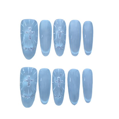 Ice Silver Cross Nails – Frosted White Glazed Press-On Nails with Glitter Halo & Holy Light Design | Evadia Grace