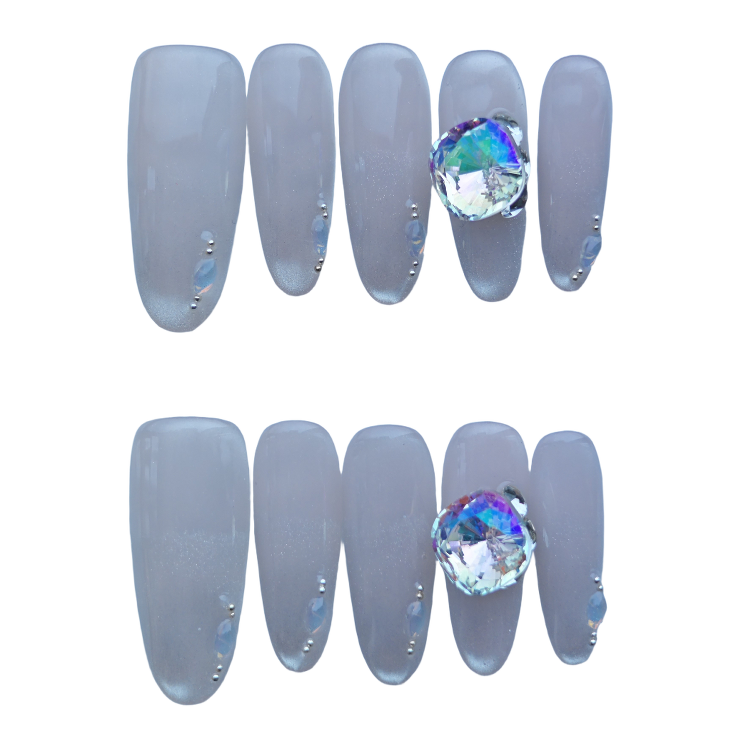 Iridescent Nude Press-On Nails with Oversized Crystal Accent & Aurora Gems