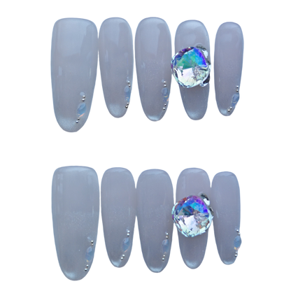 Iridescent Nude Press-On Nails with Oversized Crystal Accent & Aurora Gems