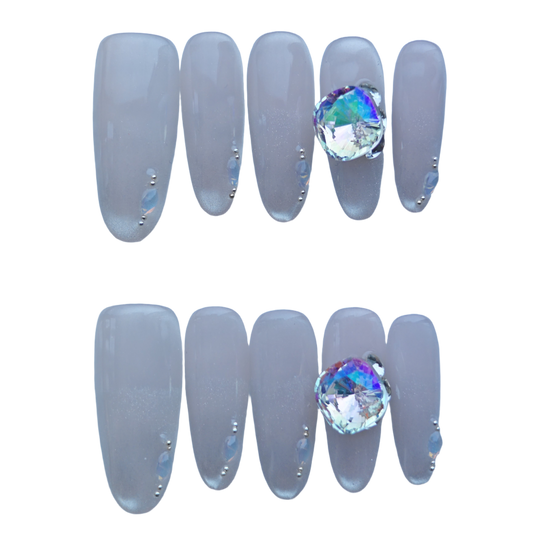 Iridescent Nude Press-On Nails with Oversized Crystal Accent & Aurora Gems