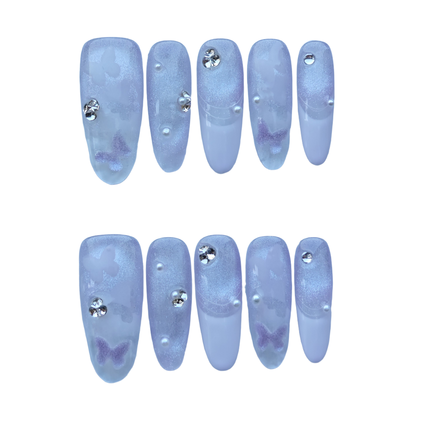 Lilac Butterfly Pearl Nails – Soft Purple Sparkle Press-On Nails with 3D Crystals & Pearls | Fairycore Pastel Nails by Evadia Grace