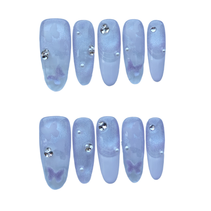 Lilac Butterfly Pearl Nails – Soft Purple Sparkle Press-On Nails with 3D Crystals & Pearls | Fairycore Pastel Nails by Evadia Grace