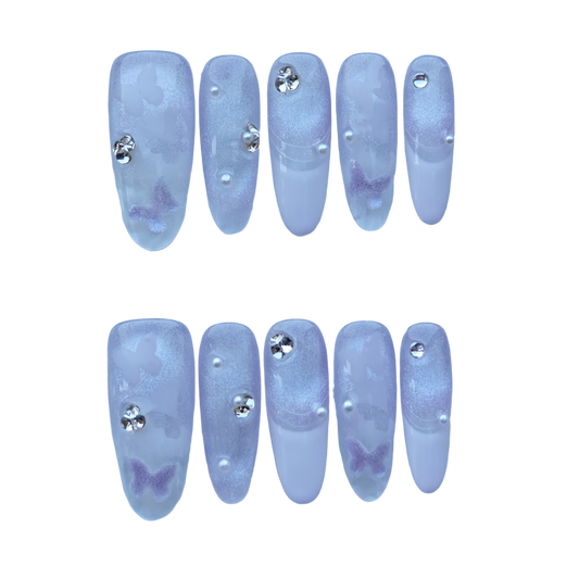 Lilac Butterfly Pearl Nails – Soft Purple Sparkle Press-On Nails with 3D Crystals & Pearls | Fairycore Pastel Nails by Evadia Grace