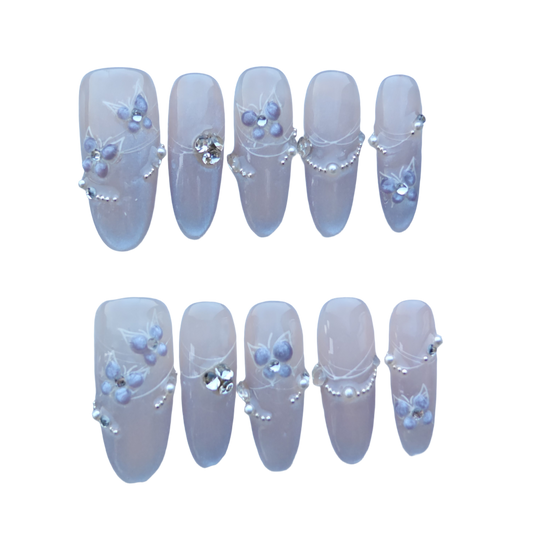Lavender Blossom Pearl Chain Press-On Nails – Hand-Painted Floral Gradient Nails with Rhinestone Accents | Evadia Grace