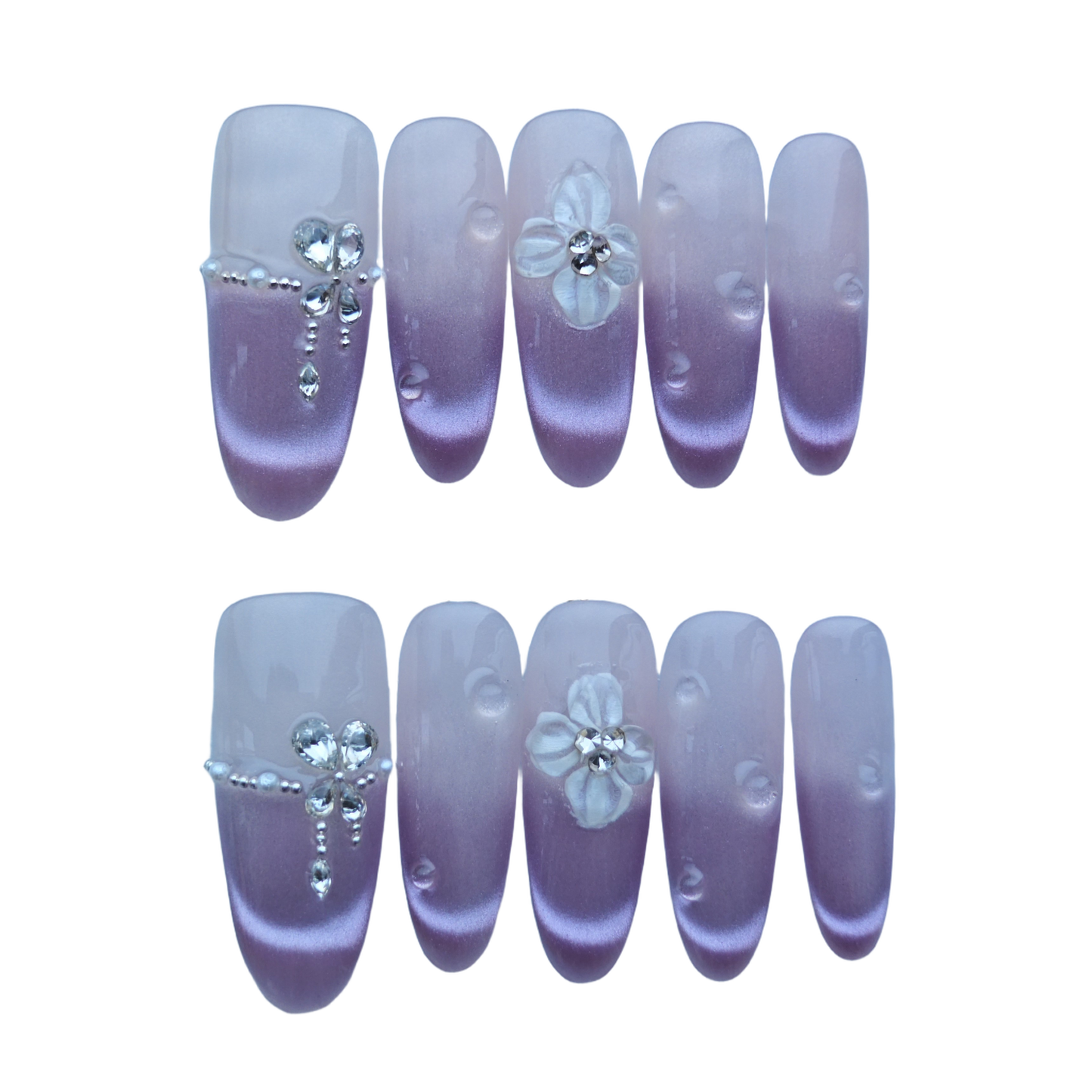 Lavender Pink Gradient Press-On Nails with 3D Flowers & Crystal Heart Accents