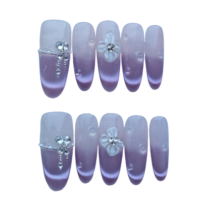 Lavender Pink Gradient Press-On Nails with 3D Flowers & Crystal Heart Accents
