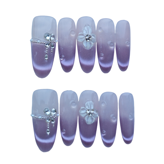 Lavender Pink Gradient Press-On Nails with 3D Flowers & Crystal Heart Accents