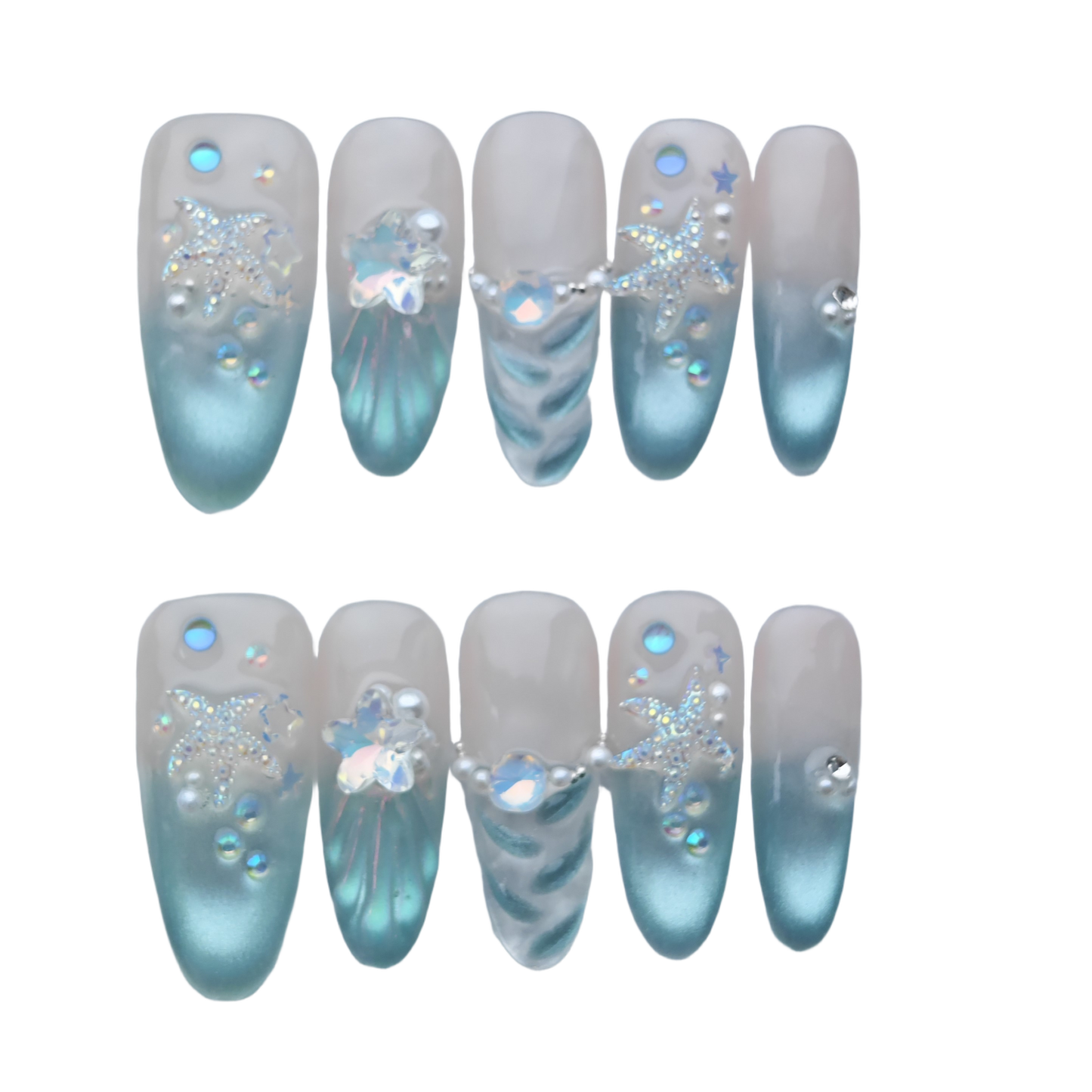 Mermaid Sea Star Press-On Nails – Ocean Blue Gradient Shell Design with Pearls & Crystals | Long Coffin Handmade Nail Art
