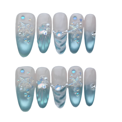 Mermaid Sea Star Press-On Nails – Ocean Blue Gradient Shell Design with Pearls & Crystals | Long Coffin Handmade Nail Art