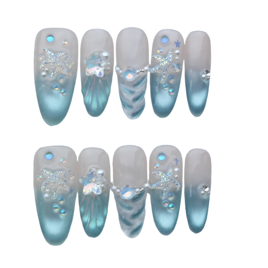 Mermaid Sea Star Press-On Nails – Ocean Blue Gradient Shell Design with Pearls & Crystals | Long Coffin Handmade Nail Art