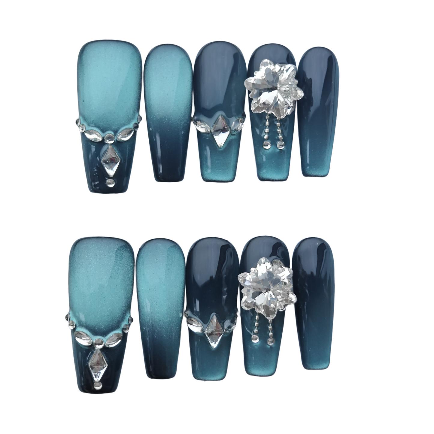 Midnight Teal Ombre Nails – Crystal Cluster Accent with Chrome Detailing | Luxury Press-On Nails by Evadia Grace