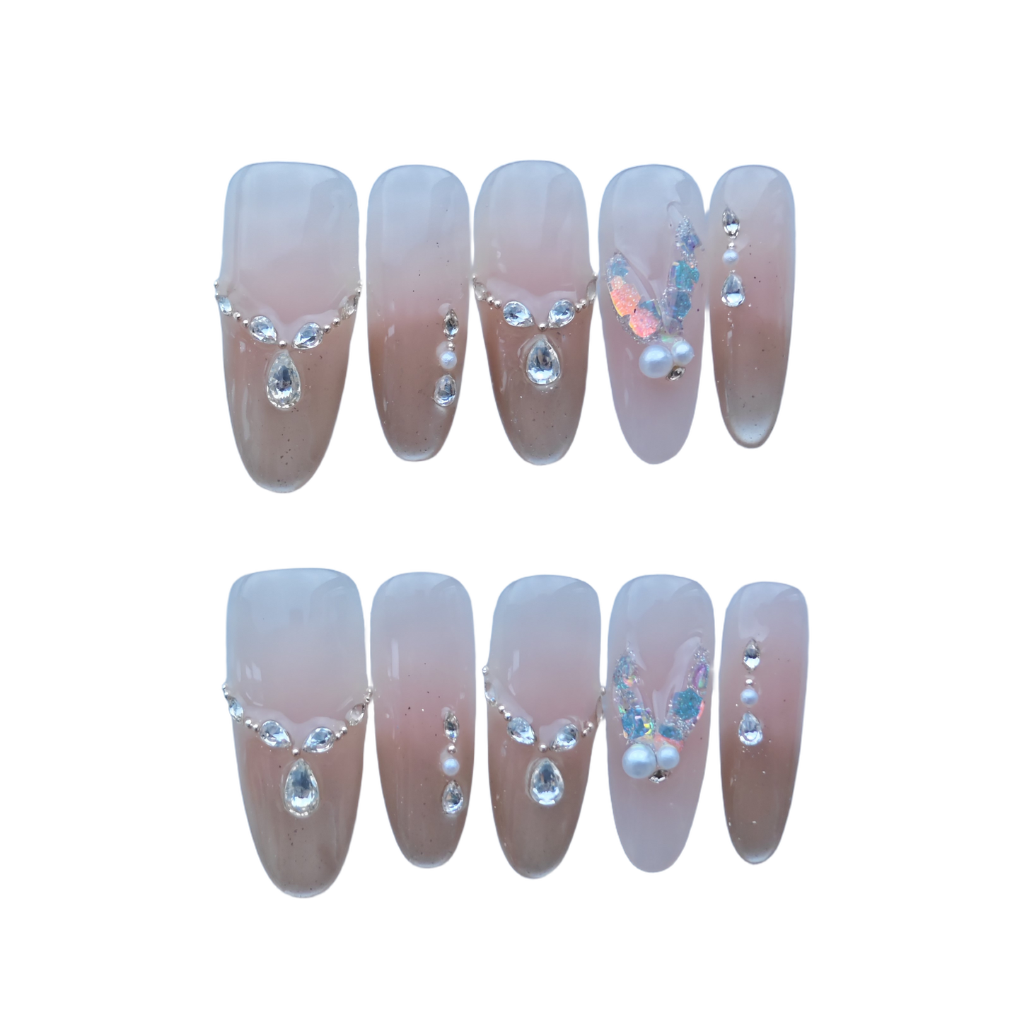 Nude Gradient Press-On Nails with Rhinestones, Pearls & Butterfly Glitter Accents