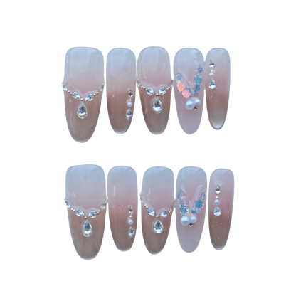 Nude Gradient Press-On Nails with Rhinestones, Pearls & Butterfly Glitter Accents