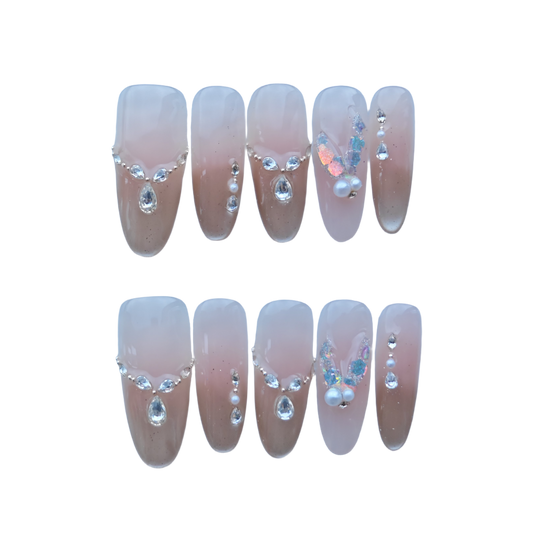 Nude Gradient Press-On Nails with Rhinestones, Pearls & Butterfly Glitter Accents