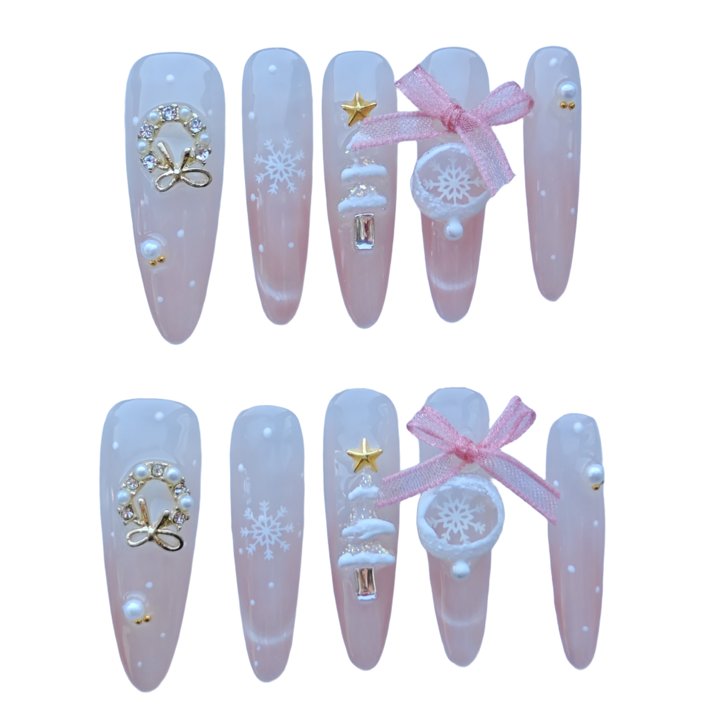 Pink Christmas Snowflake Nails – Soft Pink Holiday Press-On Nails with 3D Bow & Snow Wreath Charms | Winter Princess Nails by Evadia Grace