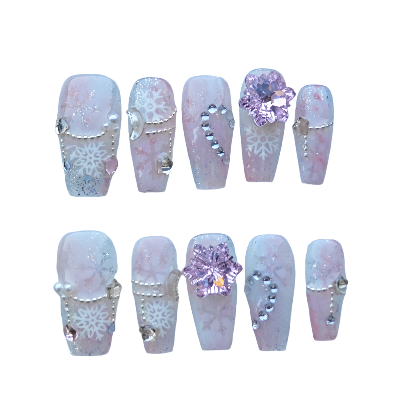 Pink Crystal Snowflake Nails – Winter Fairy Princess Press-On Nails with Pink Gem & Snowflake Charms | Evadia Grace