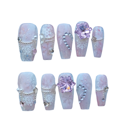 Pink Crystal Snowflake Nails – Winter Fairy Princess Press-On Nails with Pink Gem & Snowflake Charms | Evadia Grace