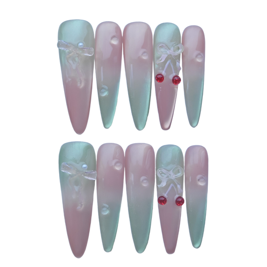 Pink-Green Gradient Press-On Nails with Cherry & Bow 3D Accents