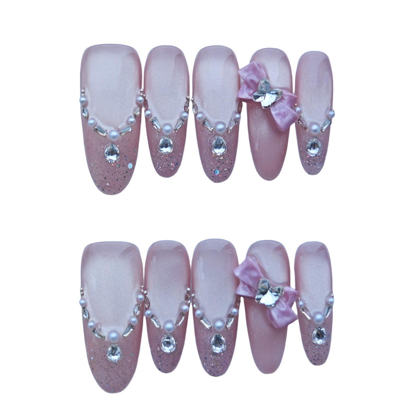 Pink Glitter Press-On Nails with Faux Pearls, Rhinestones & Bow Accents